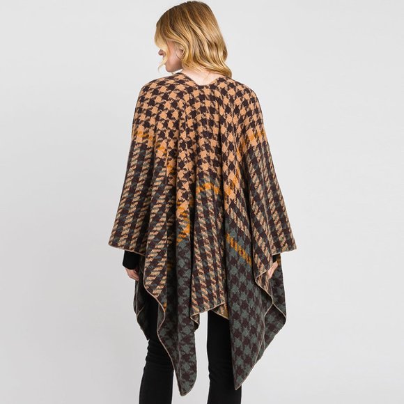 Houndstooth Patterned Ruana Poncho - Picture 2 of 2